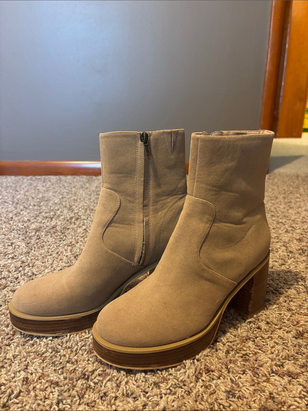 Women's Tan Suede Platform Ankle Boots with Block Heel